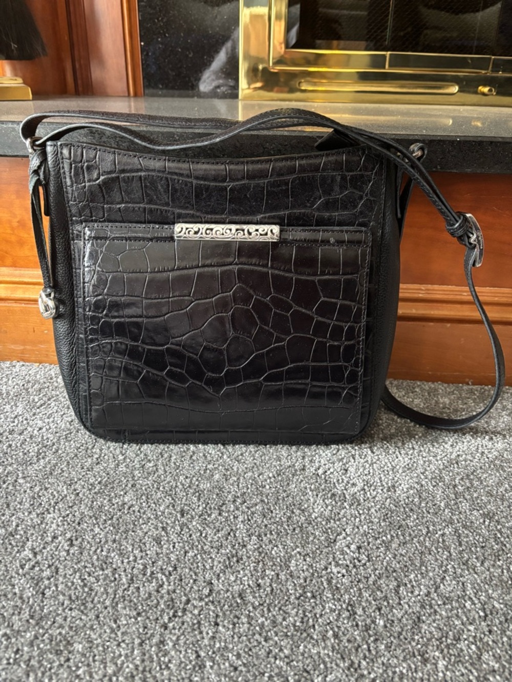 Brighton Black Croc-Embossed Leather Shoulder Bag